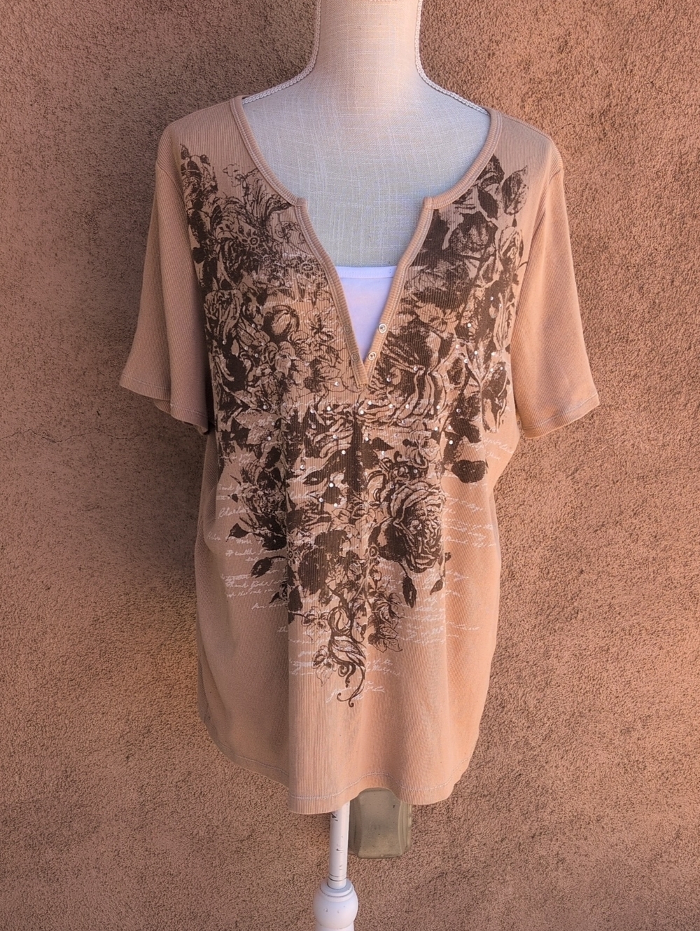FadedGlory Cotton Boho Rhinestones Floral Chocolate Brown Blouse Cottegecore